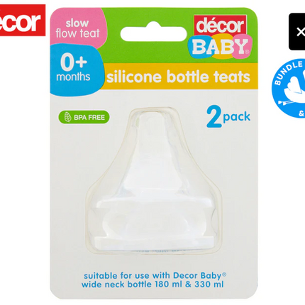 2 x Décor Baby 0+ Months Slow Flow Wide Neck Silicone Bottle Teats 2-Pack