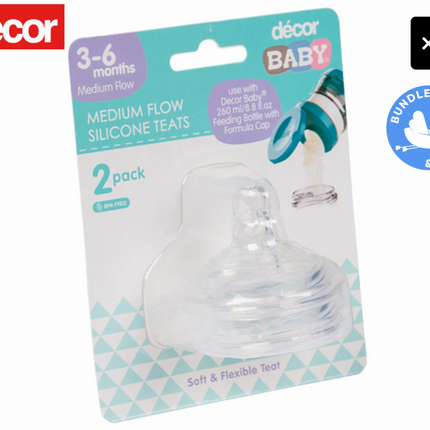 2 x Décor Baby 3-6 Months Medium Flow Silicone Bottle Teats 2-Pack