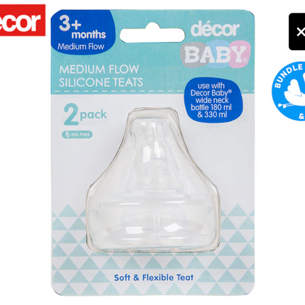 2 x Décor Baby 3+ Months Medium Flow Wide Neck Silicone Bottle Teats 2-Pack