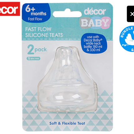 2 x Décor Baby 6+ Months Fast Flow Wide Neck Silicone Bottle Teats 2-Pack
