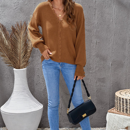 Brown Lace V Neck Knitted Pullover Sweater
