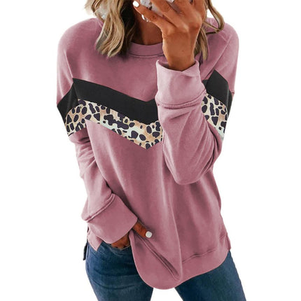 Pink Leopard Print Crew Neck Colour Block Sweatshirt
