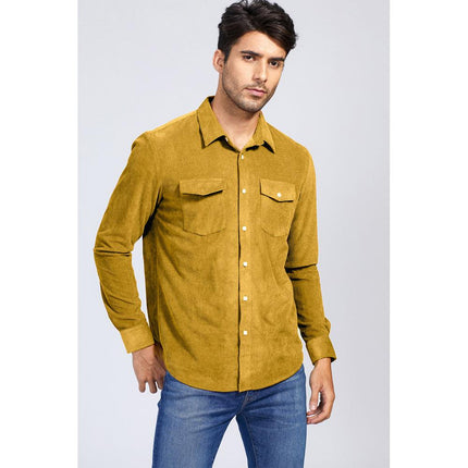 Yellow Men Corduroy Flap Pocket Button Front Shirt