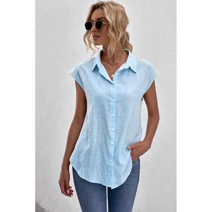 Sky Blue Turn-down Collar Button Front Tank