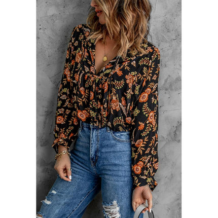 Floral Print Pleated Long Sleeve Blouse