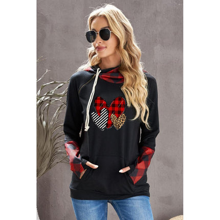 Red Graphic Hearts Print Plaid Patchwork Pocket Pullover Hoodie
