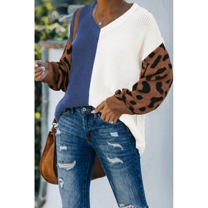Blue Leopard Print Contrast Colour V Neck Sweater