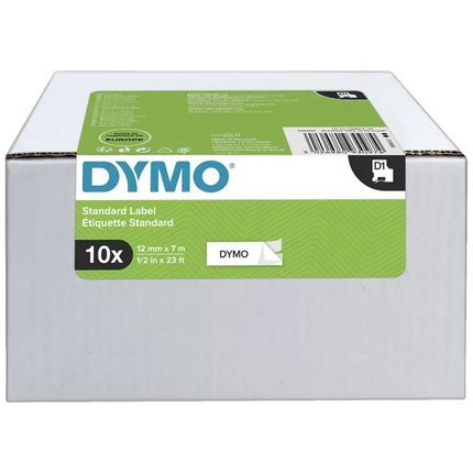 Dymo D1 Label Tape 12mmx7m Black on White 2093097 10 Pack