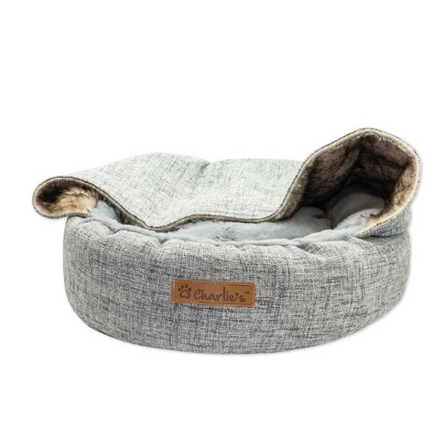 Charlie's Snookie Faux Linen Hooded Snuggle Dog Bed Light Grey Small