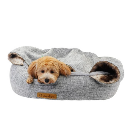 Charlie's Snookie Faux Linen Hooded Snuggle Dog Bed Light Grey Small
