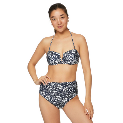 Nicole Miller Women's V Wire Bandeau w/ Shirred High Waisted Bottoms - Jet Set Floral Diva