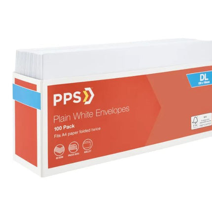 PPS Plainface DL Envelopes White 100 Pack