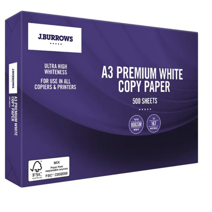 J.Burrows 80gsm A3 Premium Copy Paper 500 Sheet Ream