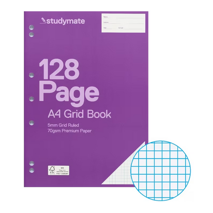 Studymate A4 70gsm 5mm Grid Binder Book 128 Page