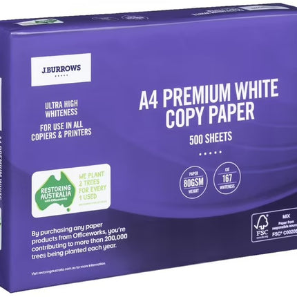 J.Burrows 80gsm Premium A4 Copy Paper 500 Sheet Ream